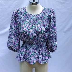 Ladies Pleione blouse,gathered neckline & waist,S, purples & lilac, 3/4 sleeves